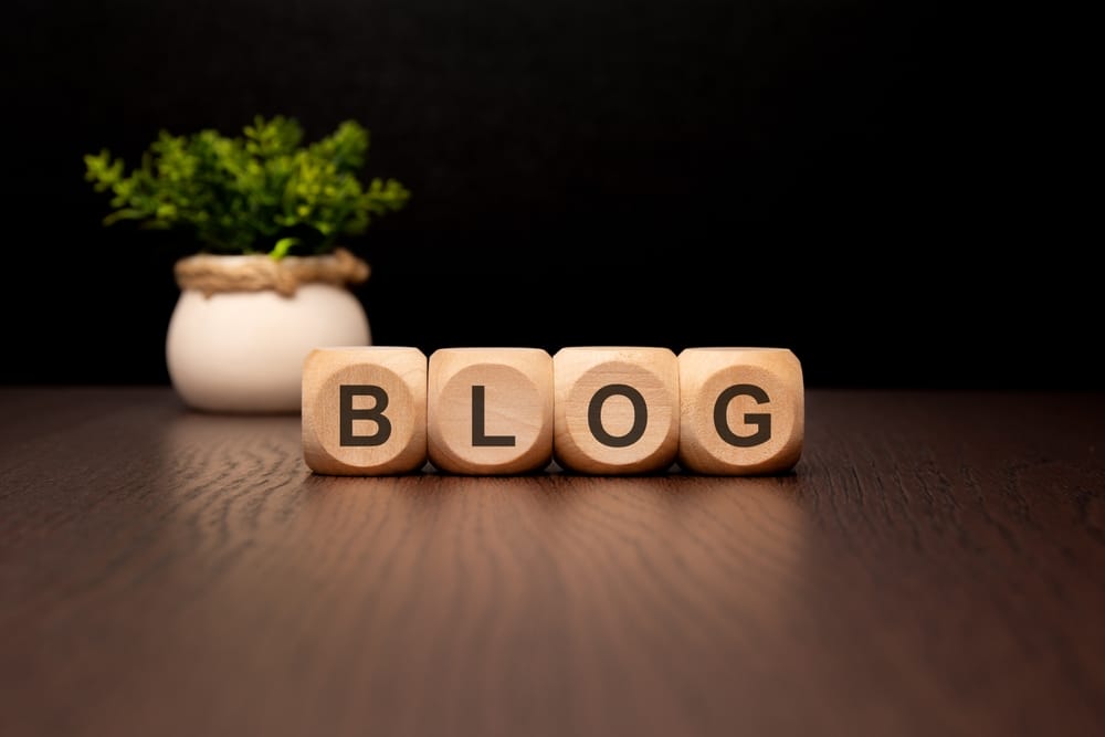 Wooden blocks spelling BLOG sit on a dark wooden surface. In the background, there is a small potted plant, slightly blurred, against a dark background.