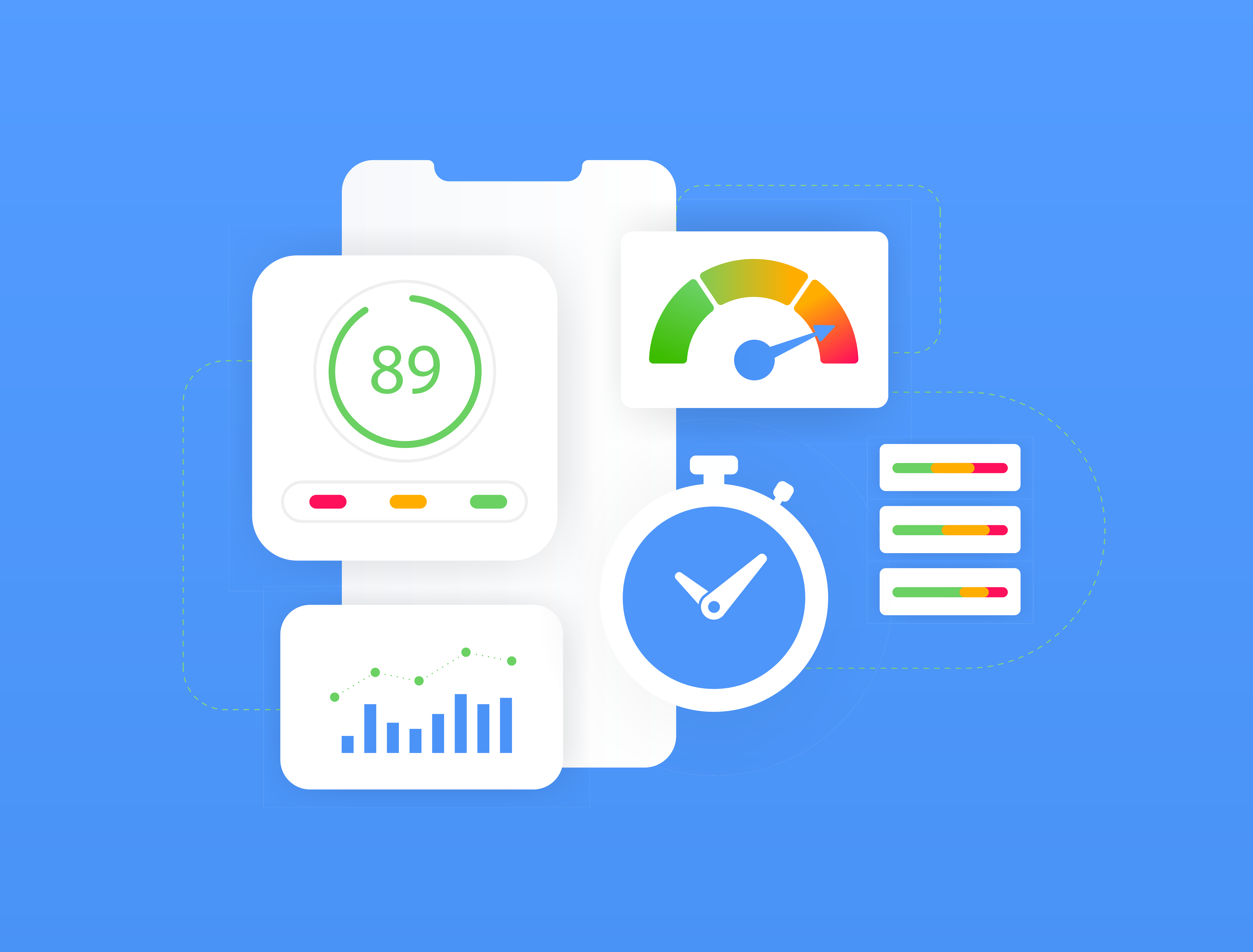 A digital illustration showing a smartphone with a speedometer, stopwatch, circular progress bar displaying 89, a bar chart, and colored indicators against a blue background. The elements symbolize data analysis and performance tracking.