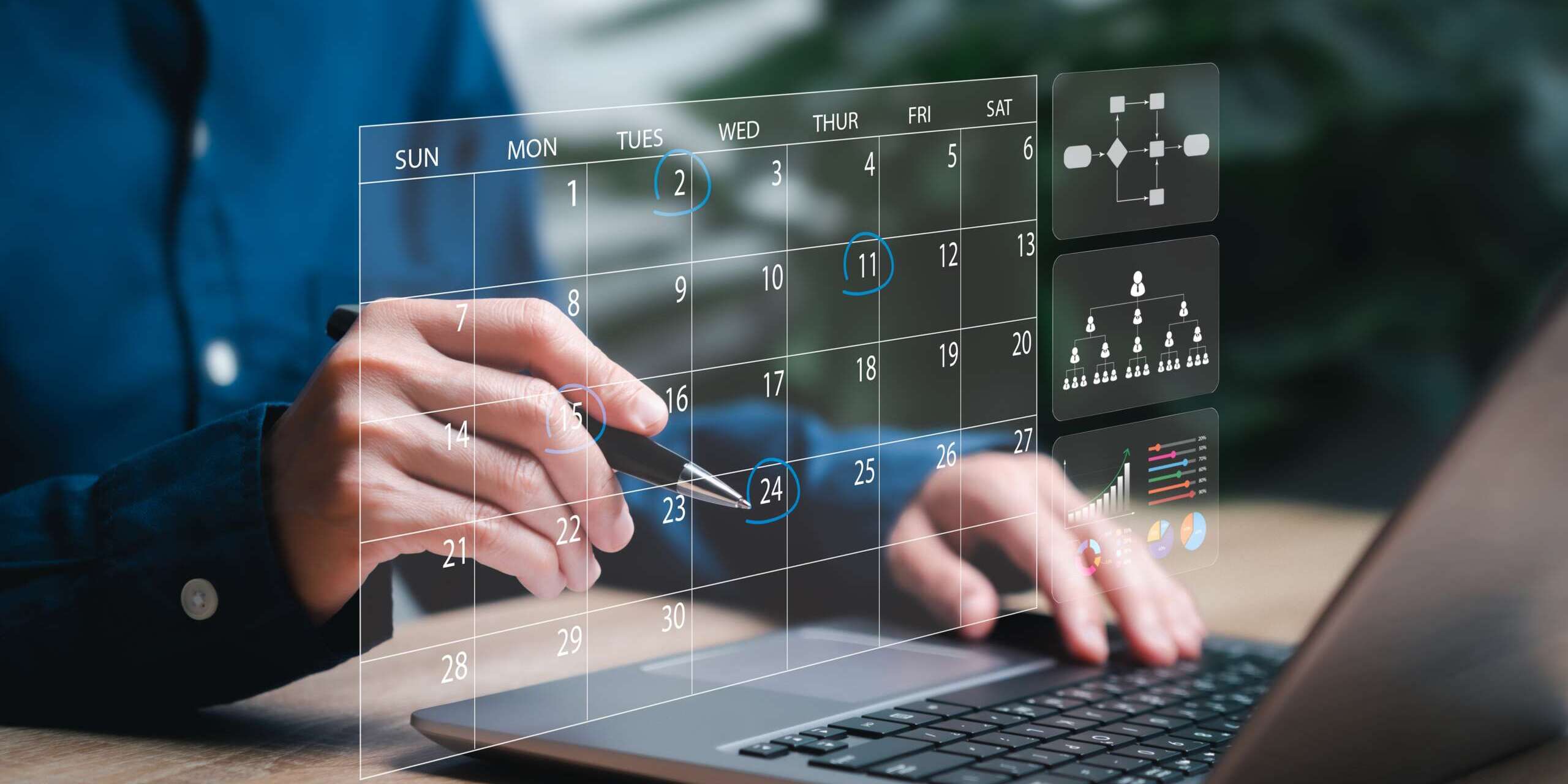 Person using a laptop with a futuristic digital calendar interface hovering above. Their hand holds a pen, interacting with the calendar. The background has blurred plants, suggesting a home or office setting.