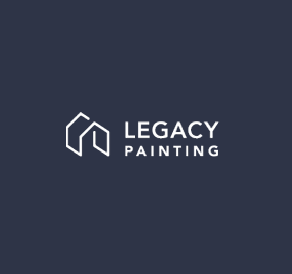 Logo for Legacy Painting featuring a minimalist white house outline next to the words LEGACY PAINTING in bold, uppercase white letters, all on a dark blue background.