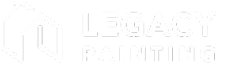 White logo featuring two geometric house outlines on the left, with the words LEGACY PAINTING in bold capital letters on the right against a black background.