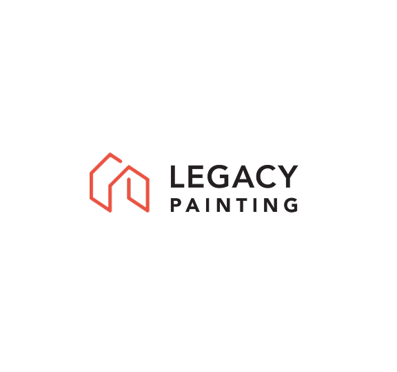 Minimalist logo for Legacy Painting featuring a red line drawing of a house outline on the left, with the words “LEGACY PAINTING” in bold black text on the right, set against a white background.