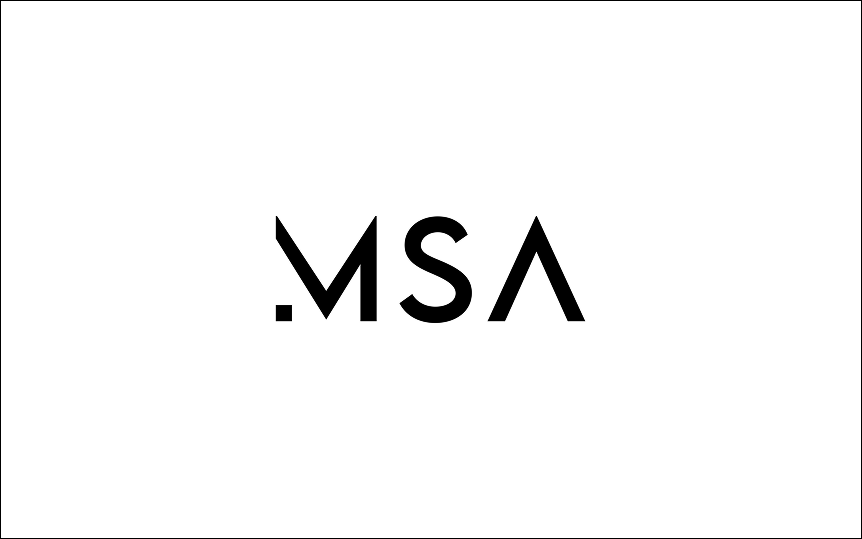 Black text on a white background spelling “MSA” in a modern, stylized font, with sharp angled lines forming the M and A and a small square dot to the left of the M.