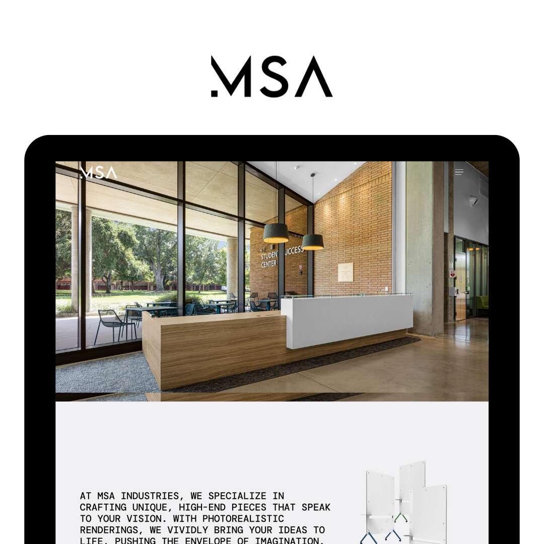 A modern office reception area with a sleek wooden desk, white panel, and large windows letting in natural light. The image is displayed on a device screen with the MSA logo above it.