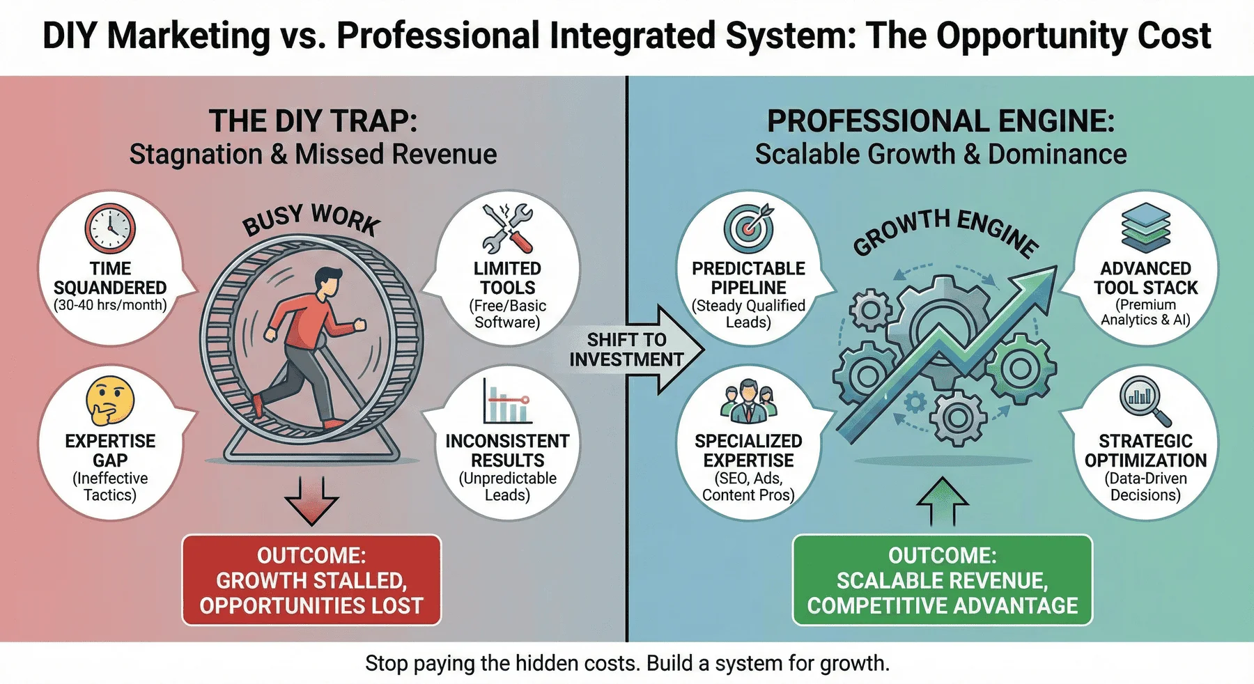 Infographic comparing DIY marketing (showing a frustrated person on a hamster wheel, stagnation, missed revenue) with a professional system (showing a rocket, growth engine, scalable revenue, competitive advantage).