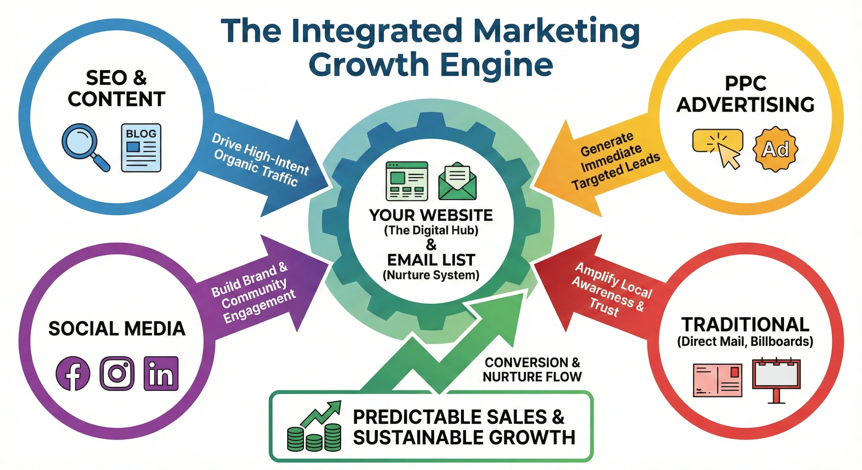 Infographic titled “The Integrated Marketing Growth Engine” showing four marketing channels—SEO & Content, PPC Advertising, Social Media, and Traditional—and how they drive traffic and leads to a website and email list for sustainable growth.