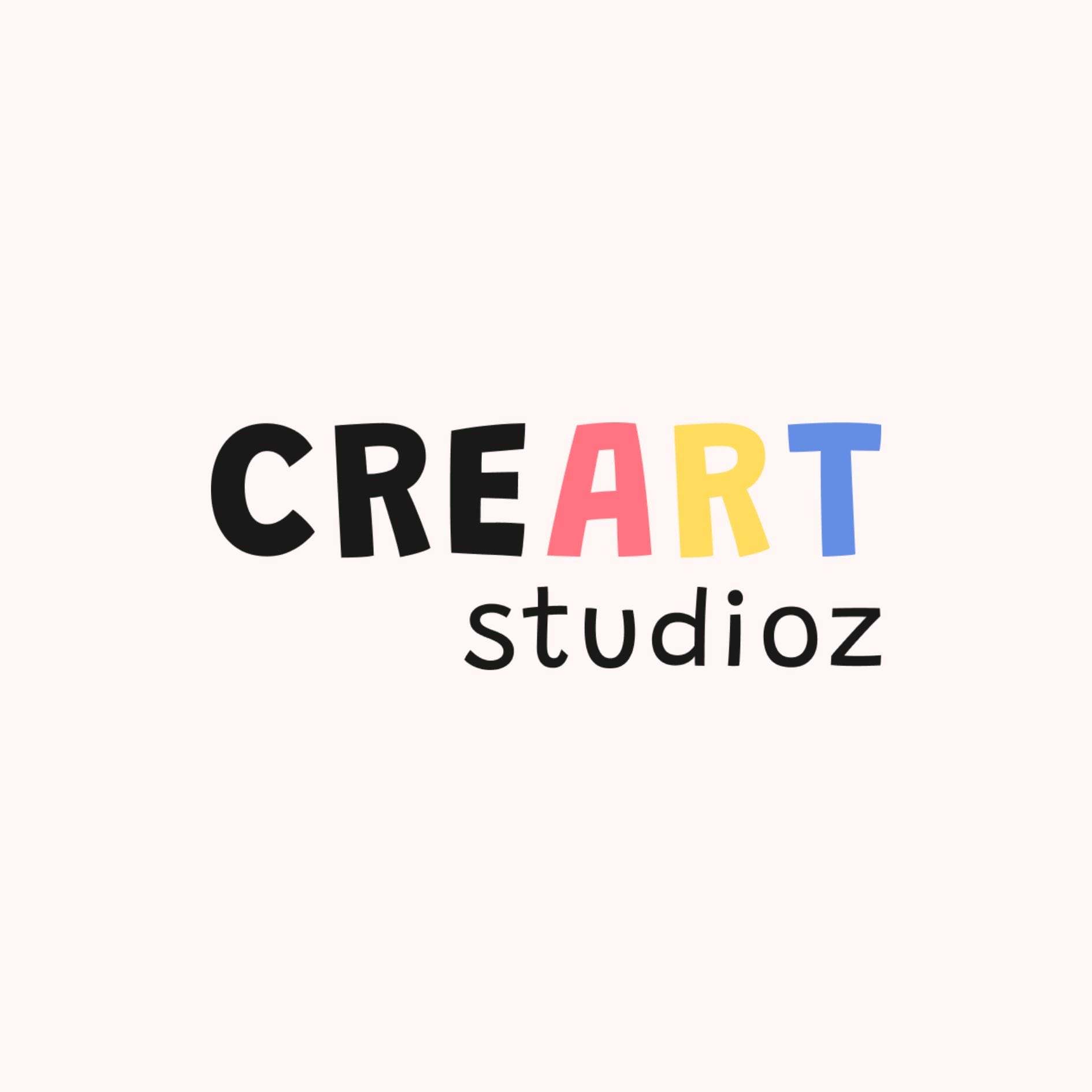The image shows the words &ldquo;CREART studioz&rdquo; on a light background. ART is highlighted in pink, yellow, and blue, while the rest of the text is in black. The font is playful and varied in size.