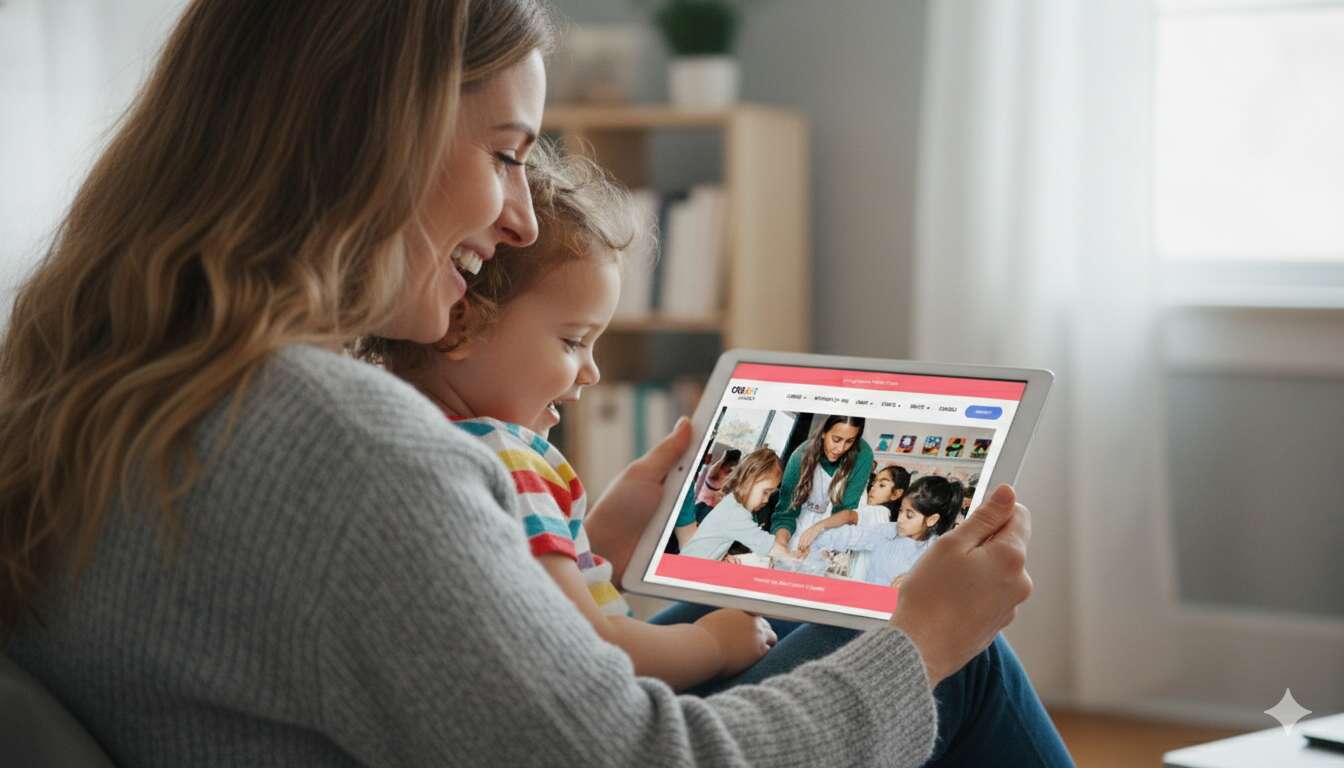 A smiling woman and young child sit together, looking at a tablet displaying a website with a photo of a teacher and children in a classroom. Natural light comes through a window in the cozy room.