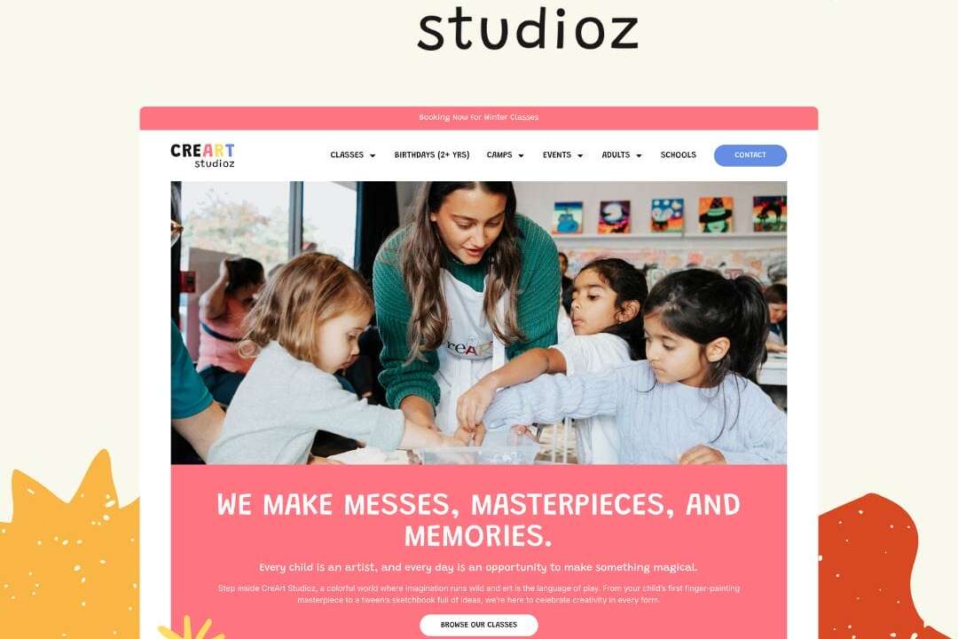 A colorful website page for Creat Art Studioz featuring children painting together with an instructor, playful art graphics, and bright sections describing classes and creative offerings for kids.