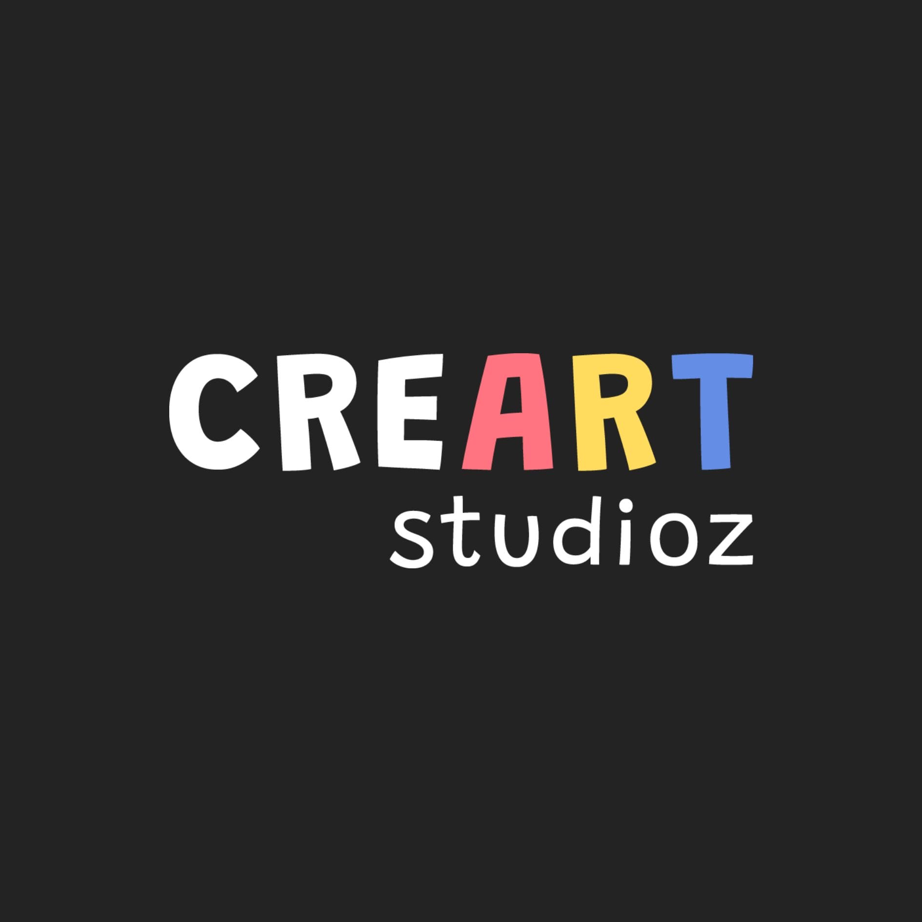 The logo displays the words CREART studioz on a black background. CREART is in bold white letters, except A (red), R (yellow), and T (blue). Studioz is in smaller white lowercase letters underneath.