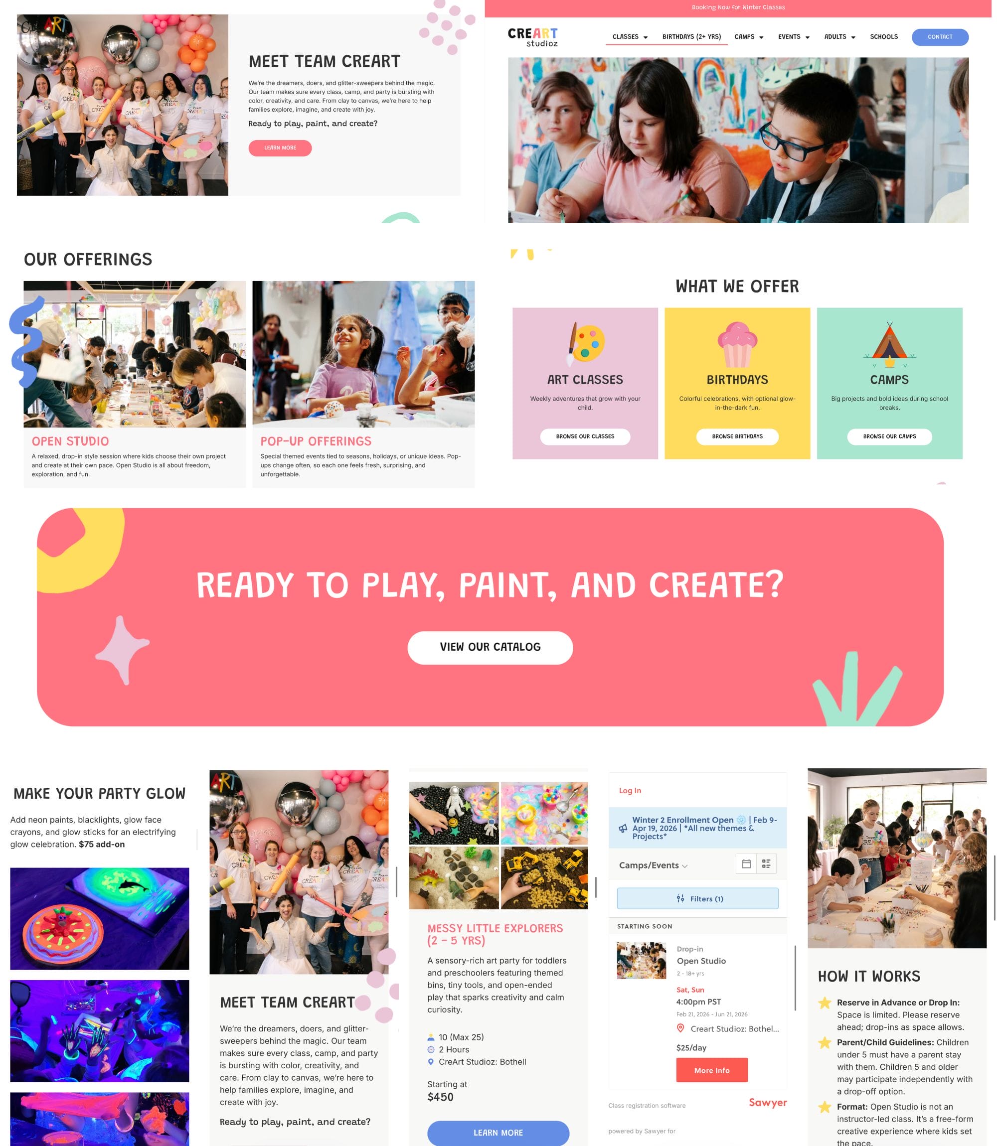 A colorful, kid-friendly website layout for an art studio. It features photos of children painting and celebrating, descriptions of art classes, party offerings, team members, event info, and a prominent &ldquo;Ready to Play, Paint, and Create?&rdquo; banner.